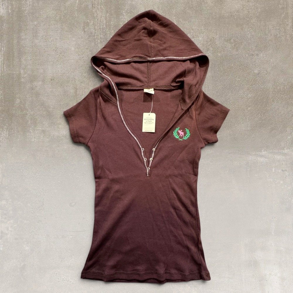 Y2K Abercrombie & Fitch Brown Hooded Henley Top NWT XS/S